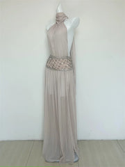Grey Rhinestone Waist Band Detail Tie Up Backless Mesh Maxi Dress