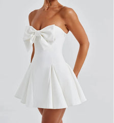 Large Bow Strapless Flare Mini Dress