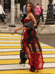 Rose Print Ruffles Hem Maxi Dress