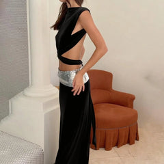 Open Back Top And Sequin Strap Long Skirt Set