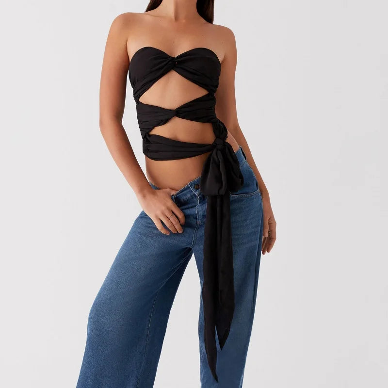 Women's edgy black strapless cutout crop top.