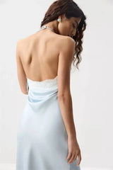 Satin Halter Lace Trim Maxi Dress