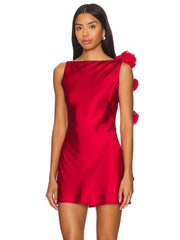 Satin Open Back Strap Flower Draped Mini Dress