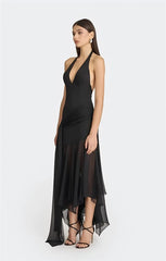 Sheer Halter V Neck Ruffle Pleated Hem Maxi Dress
