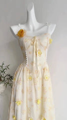 Yellow Spaghetti Strap Embroidered Flower Midi Dress