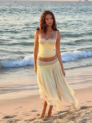 Yellow Diamonds Lace-up Top And Irregular Hem Midi Skirt Set
