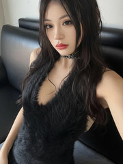 Black Furry Halter Mini Dress
