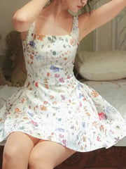 White Floral Print Square Collar Sleeveless Flare Mini Dress