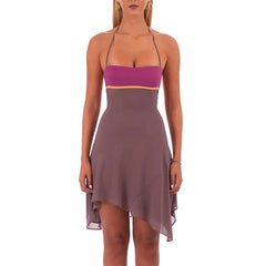 Colour Block Criss Cross Back Asymmetric Hem Mini Dress