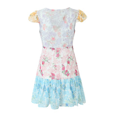 Patchwork Flower Print V neck Mini Dress