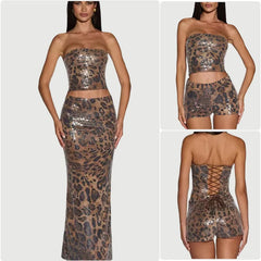 Leopard Print Sequin Strapless Crop Top And Skirt Set