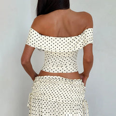 White Polka Dot Crop Top And Side Bow Skirt Set