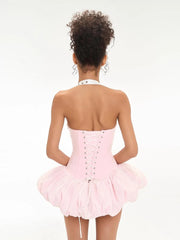 Pink Halter Neck Belted Strap Puff Hem Corset Mini Dress