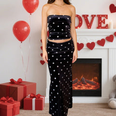 Black Polka Dot Print Strapless Crop Tube Top and Long Skirt Set