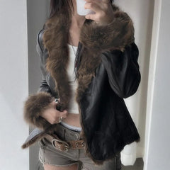 Fur Trim Faux Leather Motorcycle Jacket