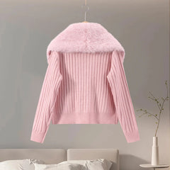 Pink Faux Fur Collar Knit Cardigan