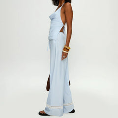 Woman wearing a light blue outfit