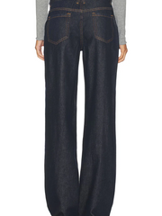 High Waist Wide Leg Denim Button Fly Curved Contrast Stitching Jeans