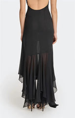 Sheer Halter V Neck Ruffle Pleated Hem Maxi Dress