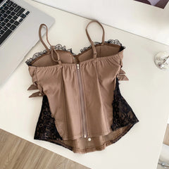Brown lingerie with lace details on a white surface- back side