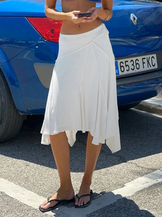 White Asymmetric Seam Midi Skirt