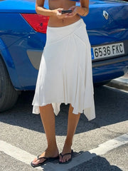 White Asymmetric Seam Midi Skirt
