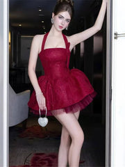 Red Jacquard Puffy Halter Mini Dress