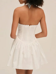 White Embroidery Halter Mini Dress