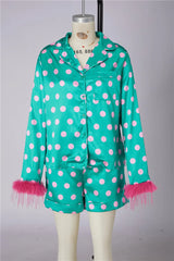 Satin Polka Dot Long Sleeve Feather Cuff Top And Shorts Set
