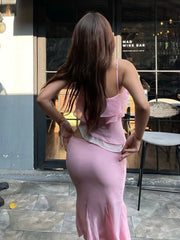 Pink Ruffles Crop Top And Fish Tail Midi Skirt Set