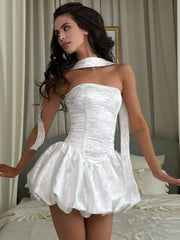 White Satin Halter Off-shoulder Mini Dress