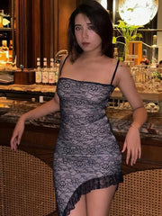 Lace Jacquard Irregular Hem Mesh Midi Dress