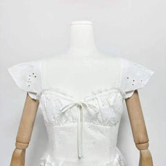 Eyelet Sweetheart Neck Bow Waist A-Line Mini Dress