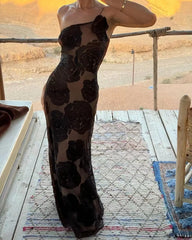 Black One-Shoulder Floral Desgin Long Dress