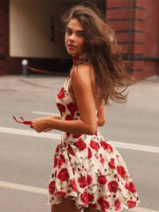 Red Printed Neck Scarf Halter Mini Dress