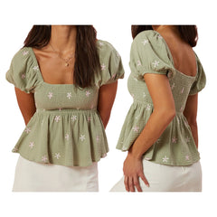 Puff Sleeve Flower Embroidered Smocked Square Neck Babydoll Top