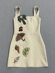 Square Strap 3D Diamonds Tropical Applique Bodycon Mini Dress