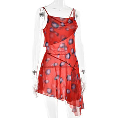 Red Printed Sheer Cowl Neck Mini Dress