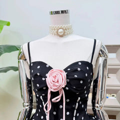 Polka Dot Corset Spaghetti Strap 3D Flower Flared Mini Dress