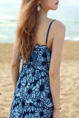 Blue Floral Embroidery Midi Dress