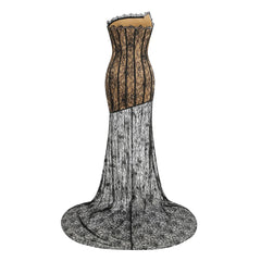 Black Lace Strapless Lace Sheer Detachable Hem Maxi Dress