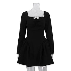 Black Square Collar Bowknot A-line Mini Dress