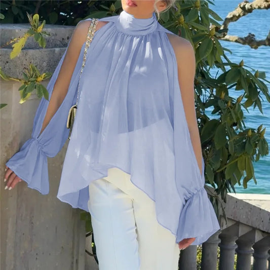 Mock Neck Back Tie Cut Out Split Flare Long Sleeve Blouse