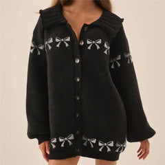 Bow Print Collar Button Up Cardigan
