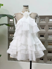 Halter 3D Flower Tiered Ruffle Mini Dress