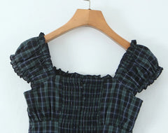Off-Shoulder Plaid Buttoned Mini Dress