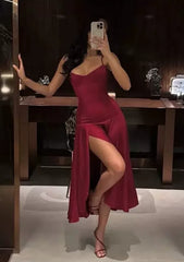 Red Tie-Up Back Corset Slit Midi Dress
