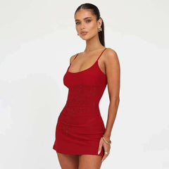 Red Spaghetti Strap Backless Mini Rhinestone Dress