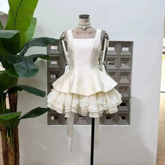 White Satin Square Collar Detachable Lace Bow Frill Hem Mini Dress