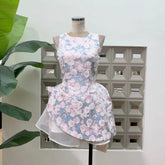Jacquard Floral Print O-neck Sleeveless Irregular Weave A-line Mini Dress